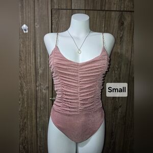 Pink Ruched Bodysuit with Chain Straps